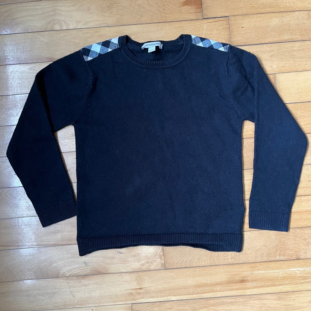 Burberry Kids Black Cotton Wool Blend Sweater Check Shoulder Patches 8Y 126cm